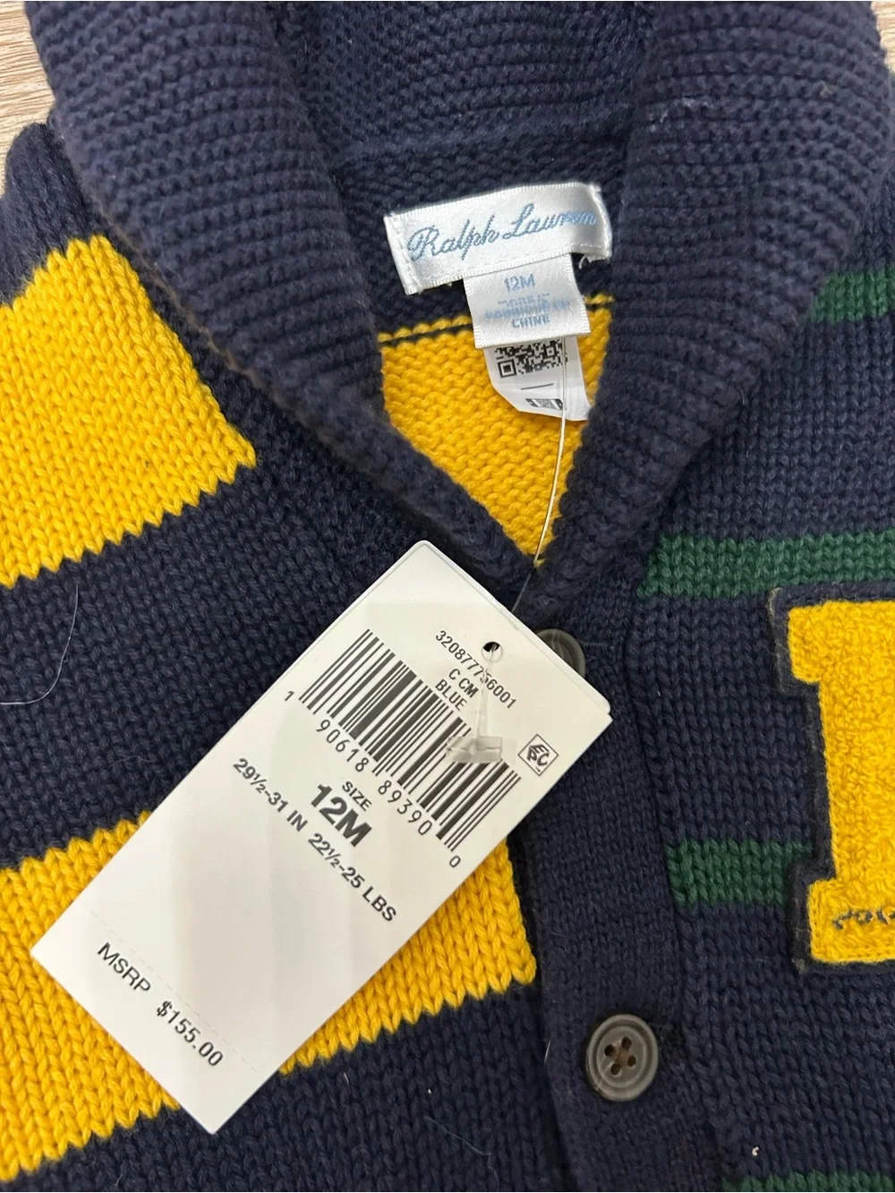 155$ Bnwts Polo Ralph Lauren Baby Boys Varsity Letterman Cardigan 12 M Big Pony
